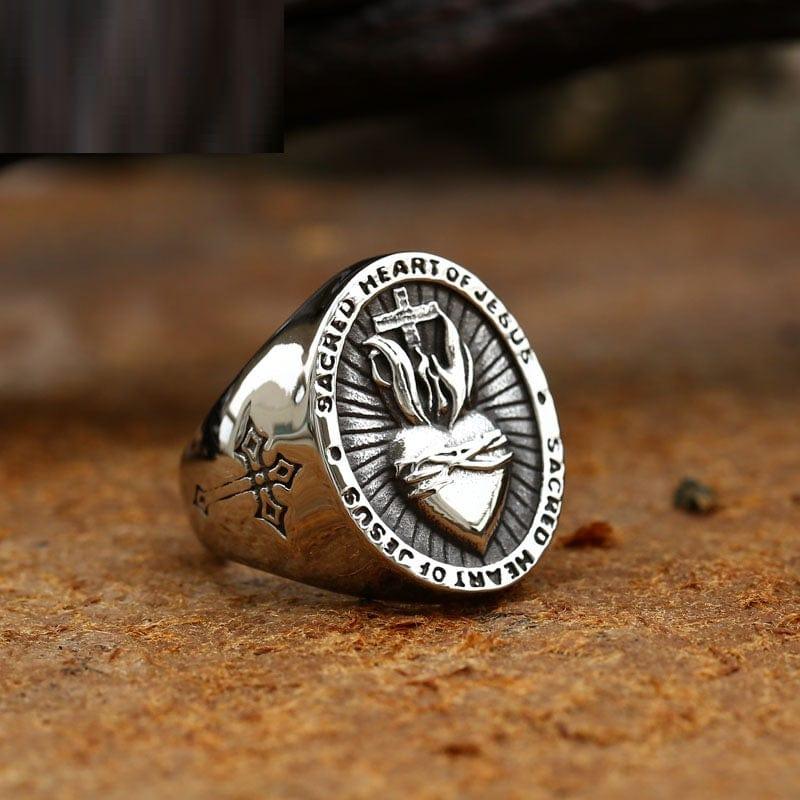 Vintage Biker Punk Sacred Heart Of Jesus God Ring Cross - Lox Vault