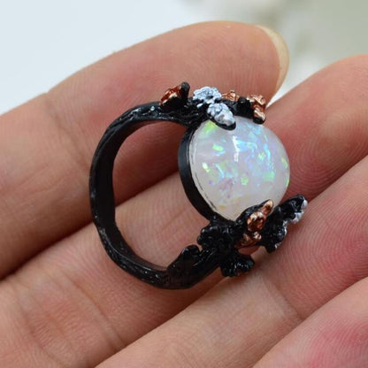 Vintage Flower Opal Black Ring Black - Lox Vault