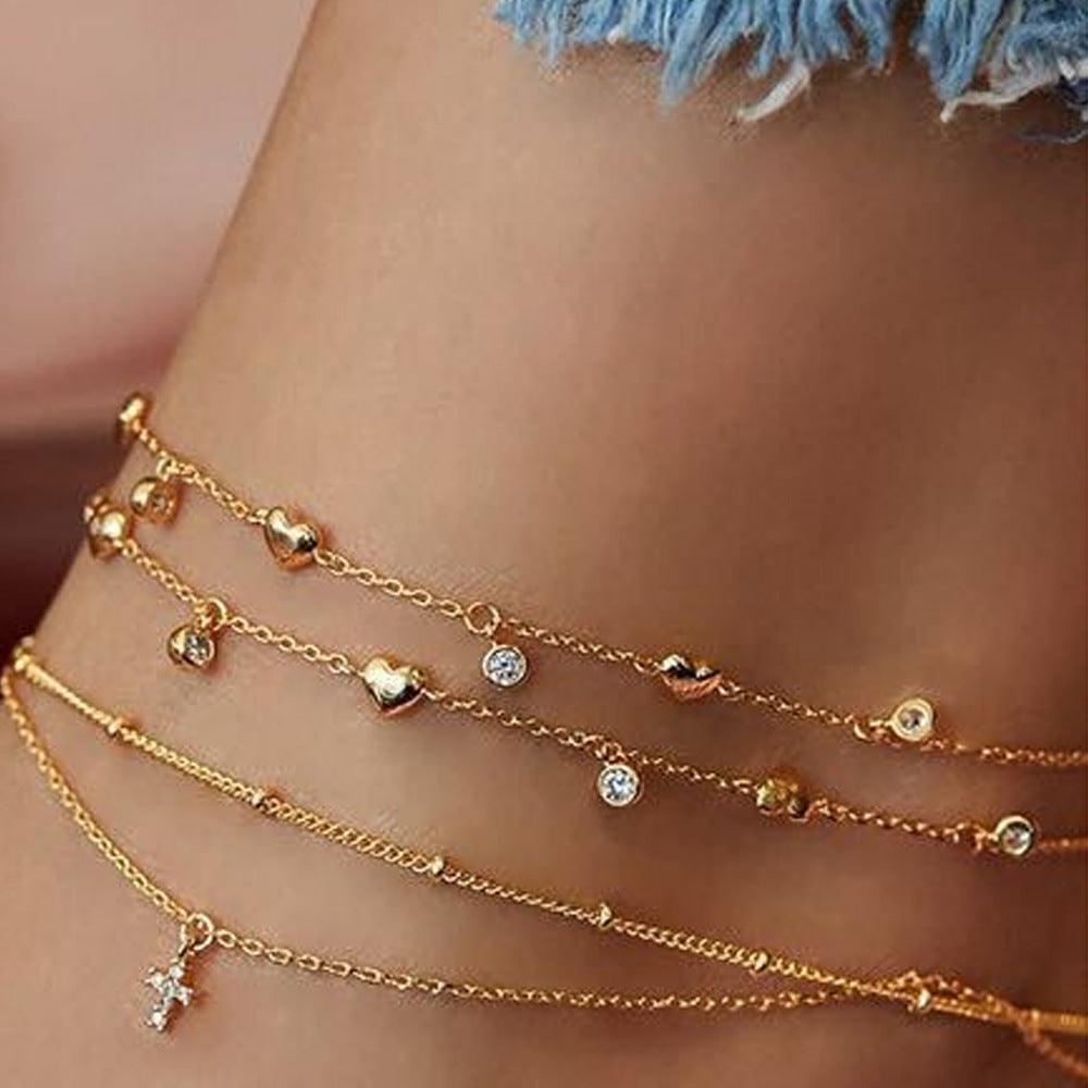 Heart Shape Diamond Cross Star Moon Anklet - LOX VAULT