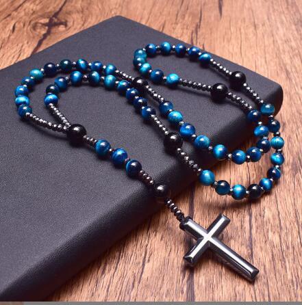 Tiger's Eye Onyx Beaded Hematite Cross Necklace - LOX VAULT