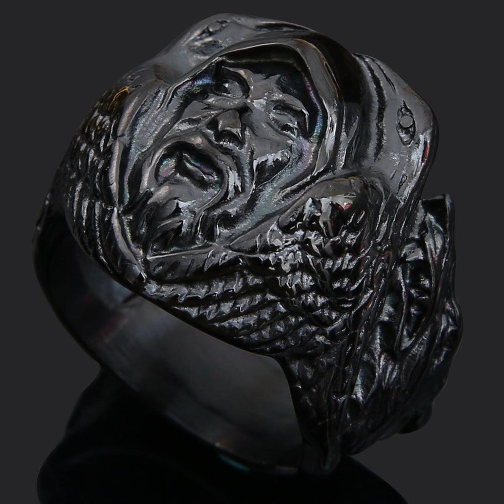 Quake Wolf Head Ring Men's Vintage Rune Titanium Steel Ring - LOX VAULT