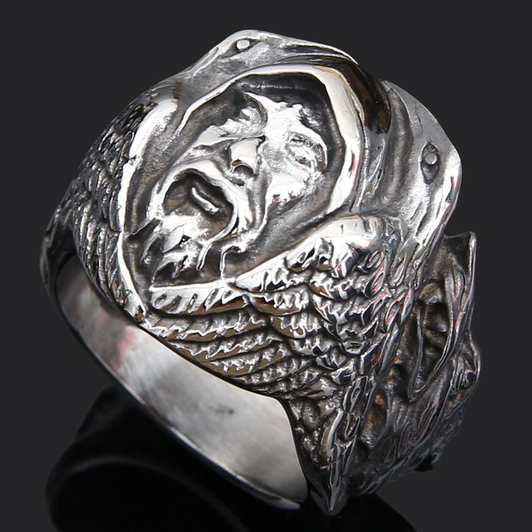 Quake Wolf Head Ring Men's Vintage Rune Titanium Steel Ring - LOX VAULT