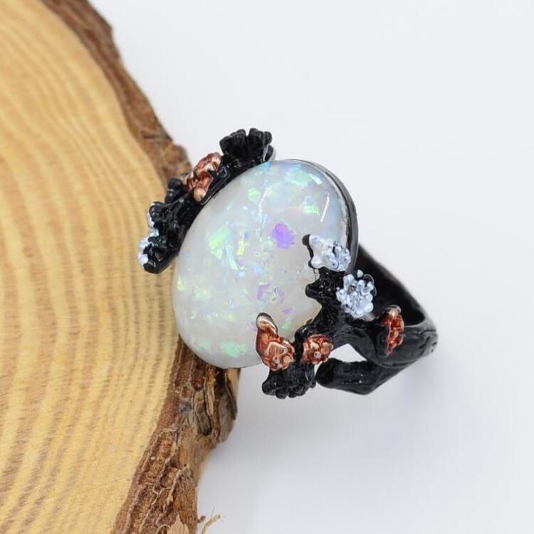 Vintage Flower Opal Black Ring Black - Lox Vault