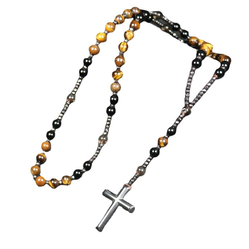 Tiger's Eye Onyx Beaded Hematite Cross Necklace - LOX VAULT