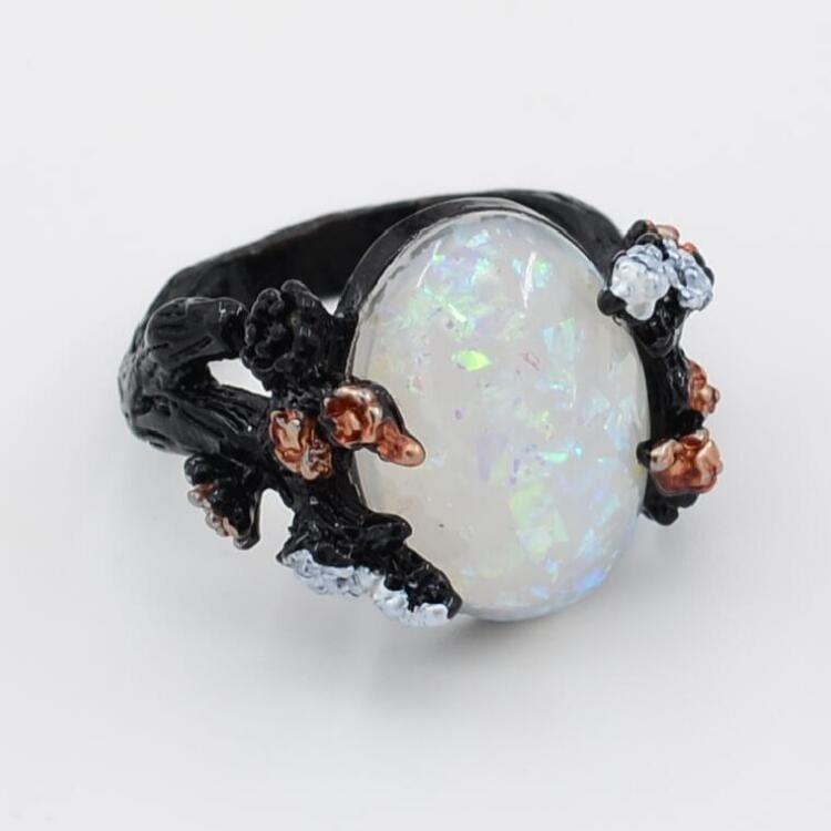 Vintage Flower Opal Black Ring Black - Lox Vault